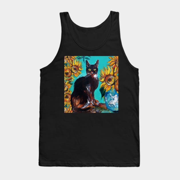 SUNFLOWERS WITH BLACK CAT IN BLUE TURQUOISE YELLOW COLORS Tank Top by BulganLumini